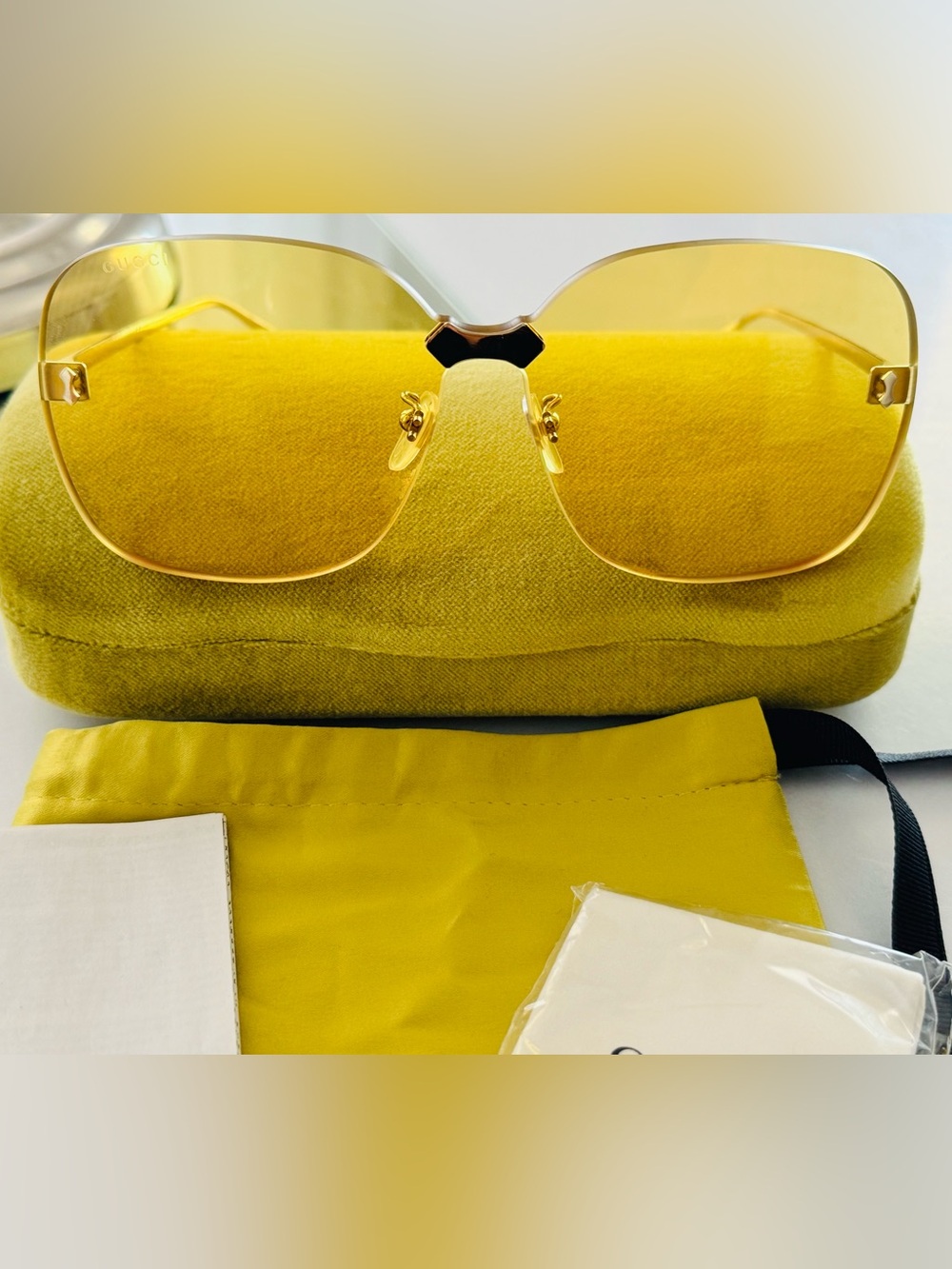 Authentic Gucci GG0355S 005 Gold Rimless Yellow Lens Sunglasses Complete Set Jap